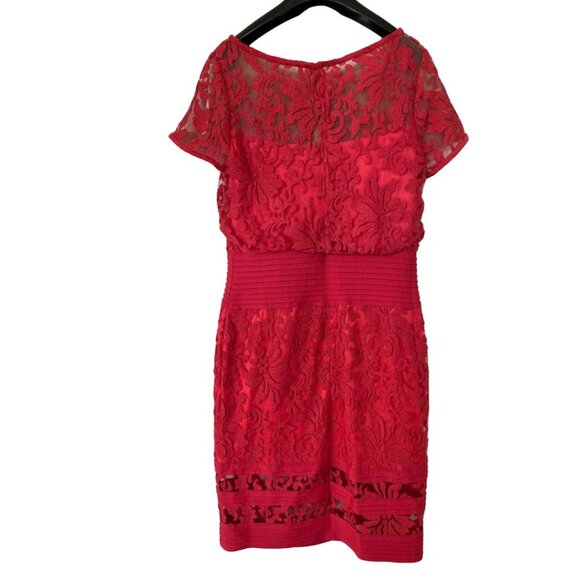 Tadashi Shoji Red Blouson Waist Sheer Embroidered Lace Dress Sz 12 Holiday - Picture 10 of 13
